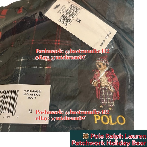 Polo by Ralph Lauren Multicolor Patchwork Hi-Pile Fleece Hoodie Holiday Bear MD - Picture 13 of 16